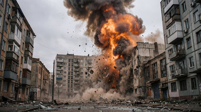 An urban street under attack, showing a massive fireball and flying debris erupting between residential apartment buildings. It conveys a terrifying sense of chaos and violence.
