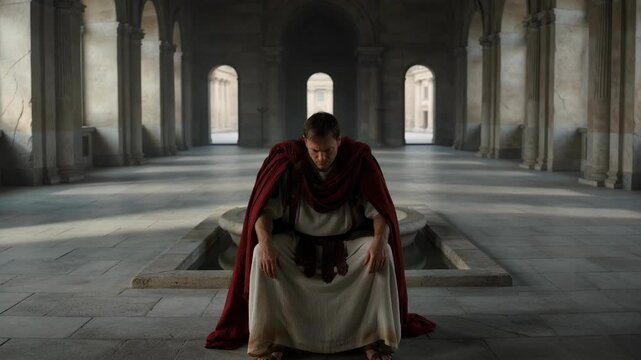 Pontius Pilate sitting in a grand Roman palace. Contemplative Roman governor in a red cloak reflecting on judgment. Biblical history and religion concept. Cinematic wide shot