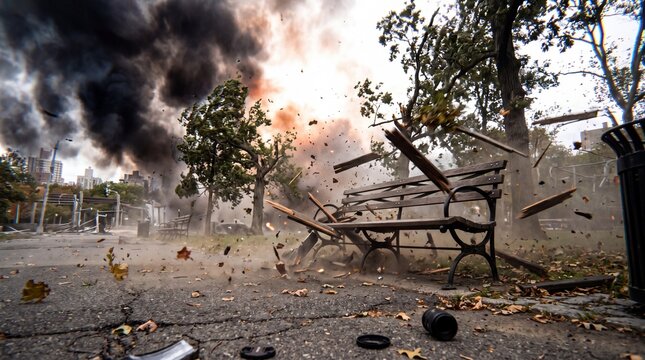 A ground-level shot from a park where a wooden bench shatters from a nearby blast, throwing debris as dark smoke rises behind trees. It conveys a shocking, chaotic sense of terror.