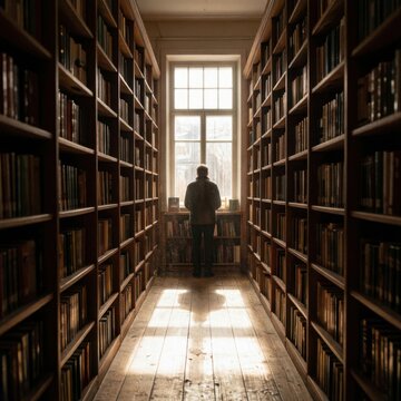 Person walking alone in dimly lit historic library aisle with tall wooden bookshelves