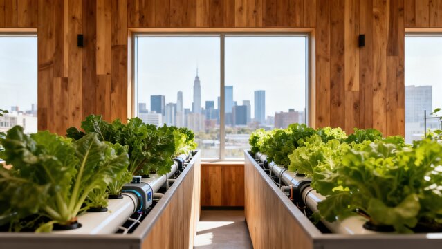 Indoor hydroponic farm with city view
