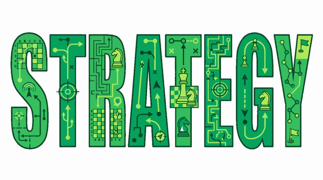 Strategy word typography with chess pieces and game board elements in a flat green vector illustration design