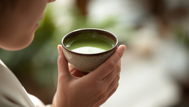 日本人女性の手元にある陶器の茶碗と抹茶が映える近接写真