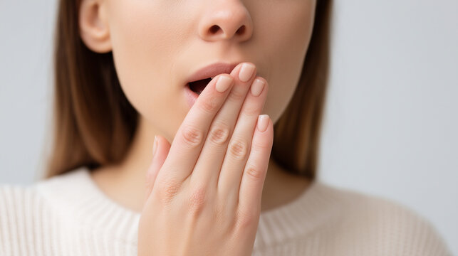 Close-up of woman discreetly covering mouth to check breath, bad breath and dental care awareness, neutral background, realistic editorial oral health photography A cropped medical