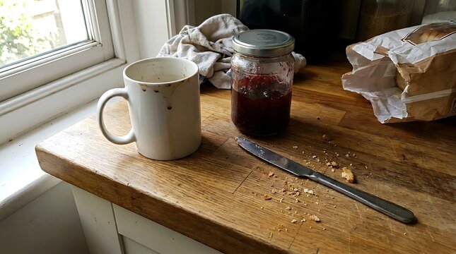 Stained coffee mug, jam jar, and butter knife with breadcrumbs on a wooden kitchen countertop