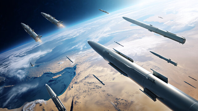 Missiles flying above Earth from orbital perspective, strategic defense technology concept, aerospace weapon system, global security, military monitoring, geopolitical risk and mod