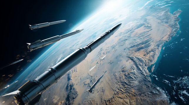 Missiles flying above Earth from orbital perspective, strategic defense technology concept, aerospace weapon system, global security, military monitoring, geopolitical risk and mod