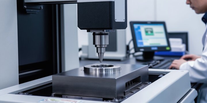 Worker uses coordinate measuring machine for precise metal part inspection. Scientist analyzes data on computer screen. Quality assurance lab checks component dimensions for accuracy, manufacturing