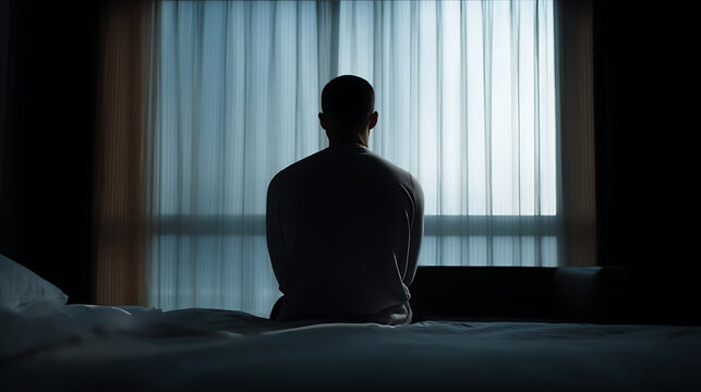Silhouette of a man sit on bed near window. Dark room with light from curtains. Solitude, contemplation, sadness and pensive mood concept