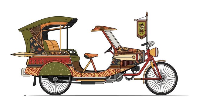 Traditional colorful pedicab or rickshaw with decorative canopy and seating for passengers in urban environment