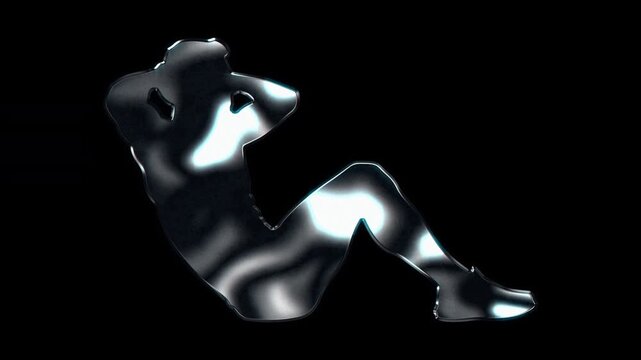 Silver metallic man doing sit-ups abdominal workout silhouette. Alpha channel. Seamless loop video.