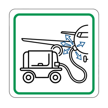 Airport ground support equipment sign showing preconditioned air unit connected to airplane fuselage. EPS Editable