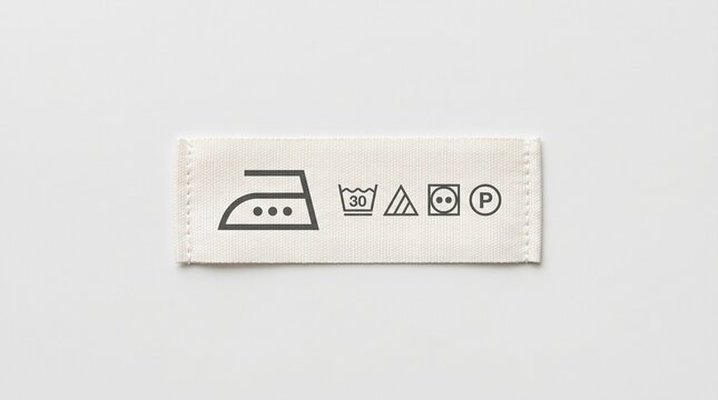 Care label with laundry symbols and instructions on white background  