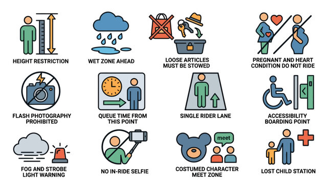 Amusement park safety signs and warning icons set for theme park rules and regulations. EPS Editable