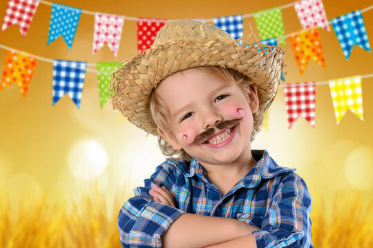 Brazilian boy for June festival with decorated background and space for text