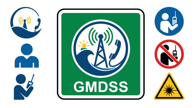 Collection of GMDSS maritime safety signs and communication icons for emergency radio transmission at sea. EPS Editable
