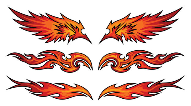 Set of four stylized flames with fiery orange and red colors, dynamic and energetic design for tattoos or graphic art