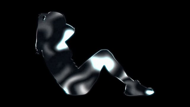 Silver metallic woman doing sit-ups fitness crunch silhouette. Alpha channel. Seamless loop video.