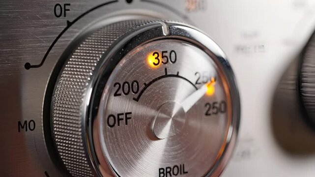 Closeup of a vintage oven dial set to 350 degrees Fahrenheit.