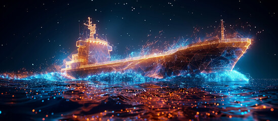 Fototapeta premium Abstract digital ship on a digital ocean.