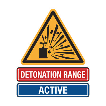 Detonation range active warning sign with explosion symbol and plunger detonator icon. EPS Editable