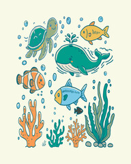 Obraz premium Cute sea animals vector doodle set with whale, sea turtle, clownfish. Hand drawn marine life wildlife cartoon illustration.