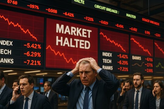 Traders in suits panic under red tickers reading "MARKET HALTED" as numbers plunge. Concept of crisis, fear, volatility. For article about market shock