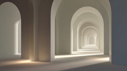 Fototapeta premium A perspective view of a long hallway of archways, lit by natural light