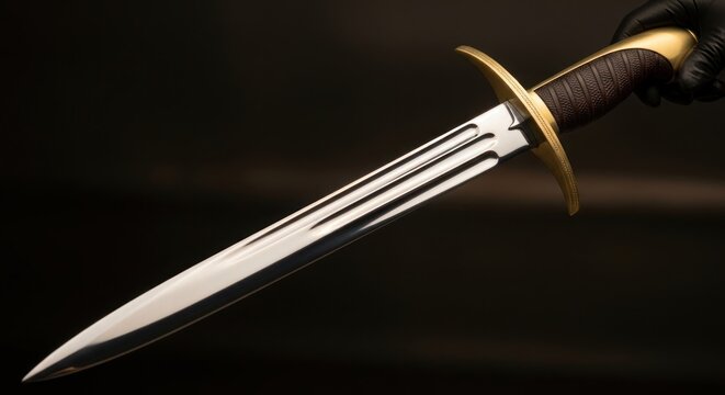 Close up of a decorative dagger with a gold hilt against a dark background