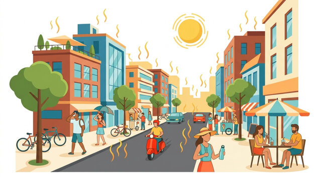 People seeking relief from extreme heat on a sunny city street with buildings, trees, and pedestrians enjoying outdoor cafes and shaded areas