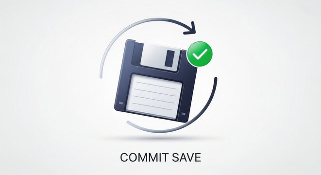 Floppy disk icon with save confirmation symbol on white background