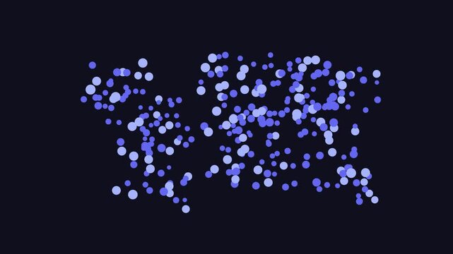 Abstract blue dot world map, glowing circles on dark navy , global network data, modern tech design
