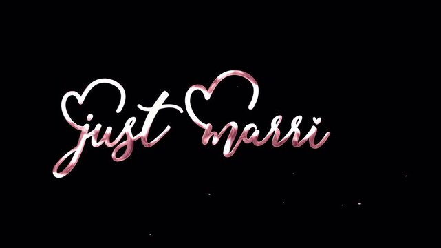 Rose gold Just Married handwriting animation with heart details. 4K video element with alpha channel transparent background for wedding videos.