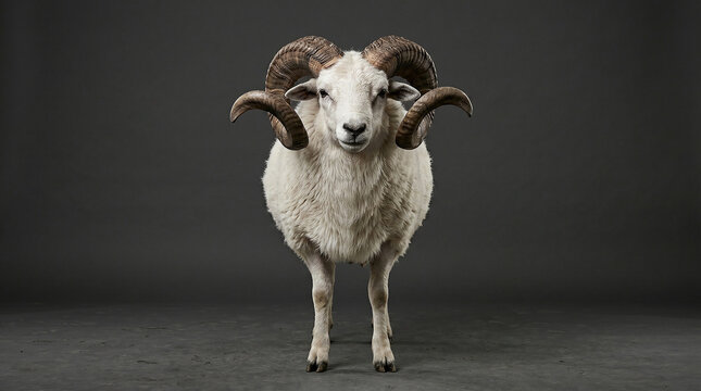 Majestic Garut West Java sheep with large curled horns on isolated dark background