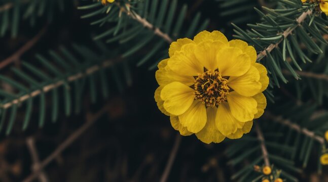 Bright yellow flower blooms on dark green pine branches. Delicate petals open wide, revealing intricate center. Nature beauty, garden detail, macro view.