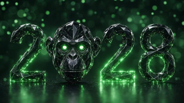 Green crystal monkey symbolizing futuristic New Year celebration 2028 design artwork
