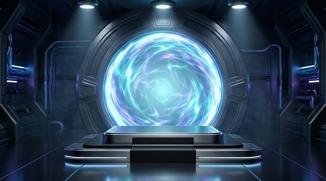 Futuristic portal gateway with glowing vortex energy, science fiction concept for interdimensional travel and advanced technology