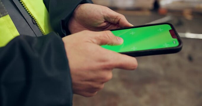 Green screen, hands and warehouse worker with phone to scroll inventory checklist. Online, person and logistics engineer with mobile display for supply chain stock, shipping and distribution system