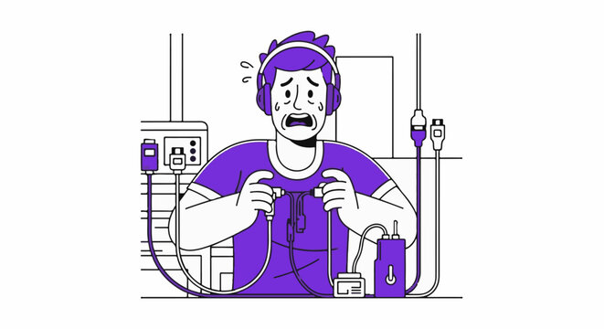 Stressed cartoon character with medical devices and headphones.