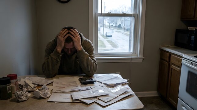 Man stressed over financial problems at home.