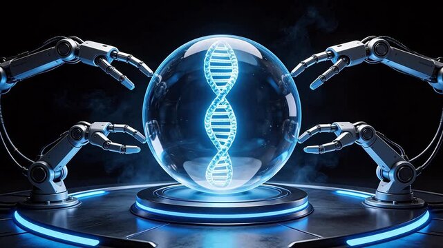 robotic arms holding DNA sphere