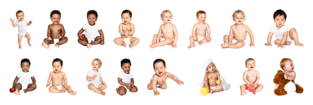 PNG Diverse babies in playful poses on transparent background