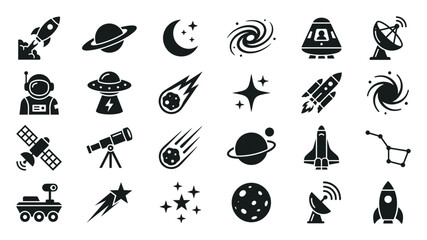 Set of space and astronomy icons including rocket, planet, crescent moon, galaxy, astronaut, satellite, telescope, comet, stars, space shuttle, constellation, moon surface on transparent background © Maksym