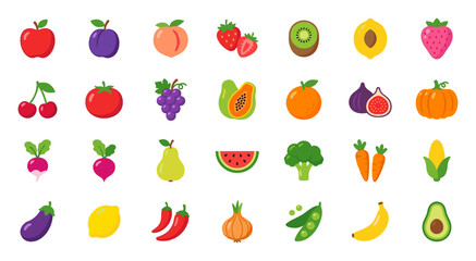 Fototapeta premium Collection of colorful cartoon fruits and vegetables icons with various fresh produce illustrations on transparent background