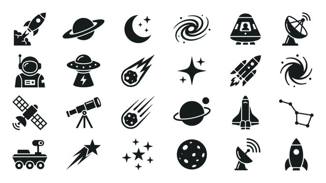 Set of space and astronomy icons including rocket, planet, crescent moon, galaxy, astronaut, satellite, telescope, comet, stars, space shuttle, constellation, moon surface on transparent background