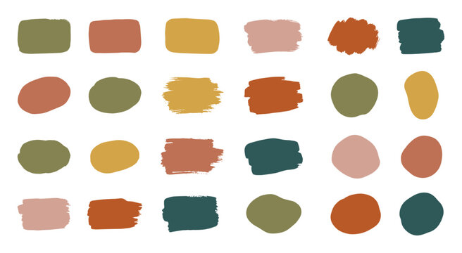Abstract set of colorful brush stroke paint swatches in earthy tones on white background on transparent background