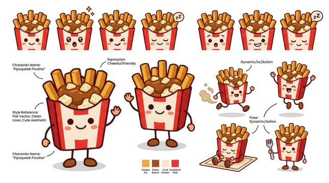 Adorable Cartoon Poutine Fries Characters in Various Poses and Expressions.
