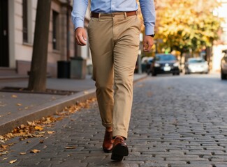 Fototapeta premium Man walks on cobblestone street in autumn. He wears tailored pants, blue shirt, brown shoes and belt. Trees with yellow leaves line the city road. Cars drive past in background.