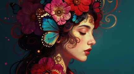 Naklejka premium Woman with butterflies and flowers in hair, serene profile view. Detailed artwork blends nature and beauty with delicate patterns and vibrant colors, evoking a dreamlike fantasy.