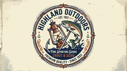 Fototapeta premium Vintage-style outdoor fishing badge with a detailed illustration of a fisherman holding a fishing rod and fish